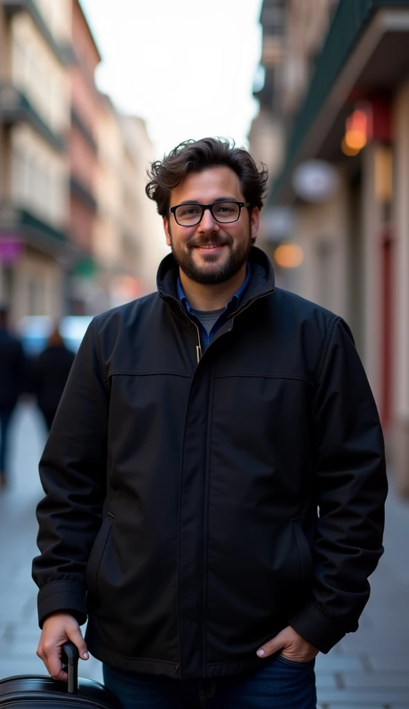 Adrián, with a beard and glasses and wavy hair, with a small smile, with a black jacket and a black suitcase, and in the back there is a blurry street.