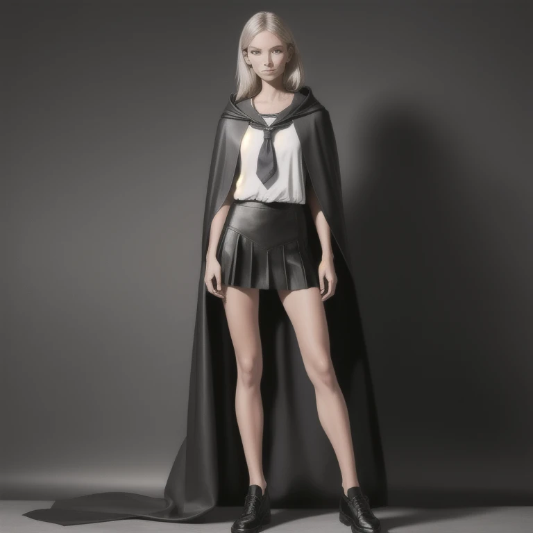 Beauty all over the body， long legs， sailor ******girl，leather shoes，Stand in front，a skirt，gray cloak