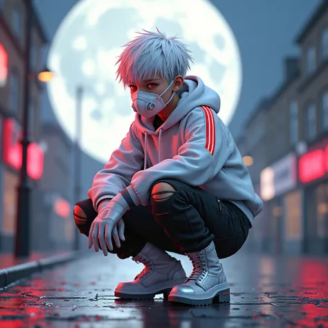 3D anime style, BJD style,  boy, white-red gradient hair, red eyes, white long-sleeved hoodie, closed hoodie, jacket with laser light stripes, white fingerless gloves, white denim long sleeves with ripped holes trousers, wearing laser light mask, silver an...