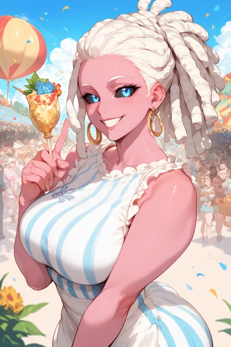 1mature Woman, pink skin, White dreadlocks,blue eyes, black sclera, white stripes under the eyes,Carnival ,anime style, best quality,,smiling