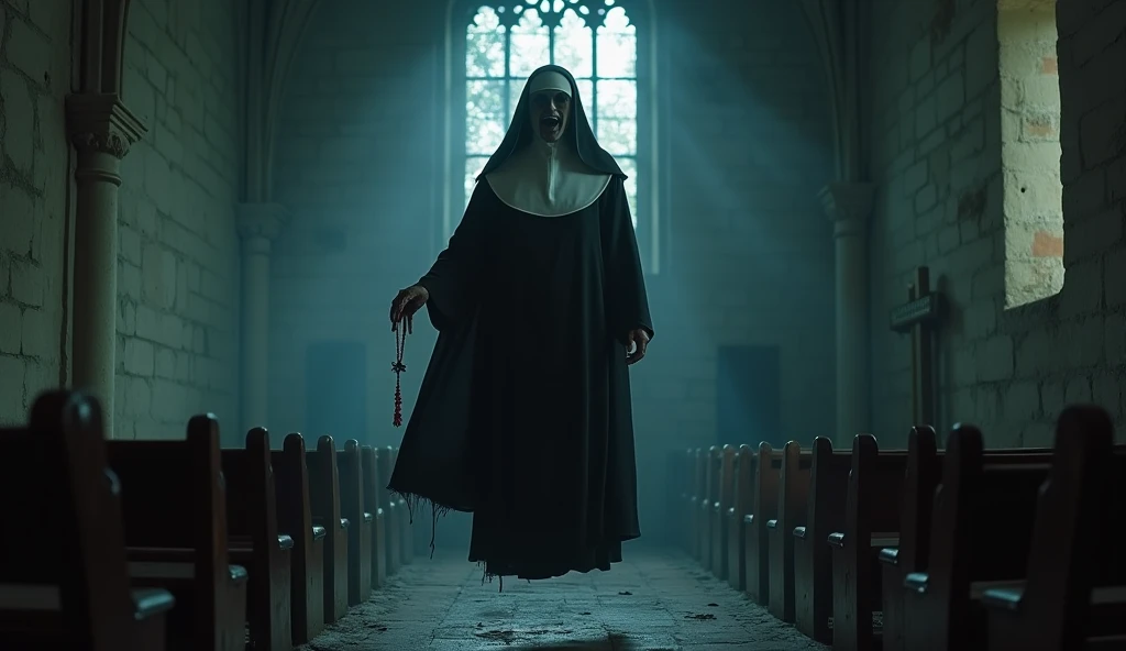  An ancient and dark church ,  with aged stone walls and broken stained glass that project a faint, bluish light. in the center of the church,  a ghostly figure of a demonic nun floats above the ground ,  dressed in a black and white habit , but worn out, ...