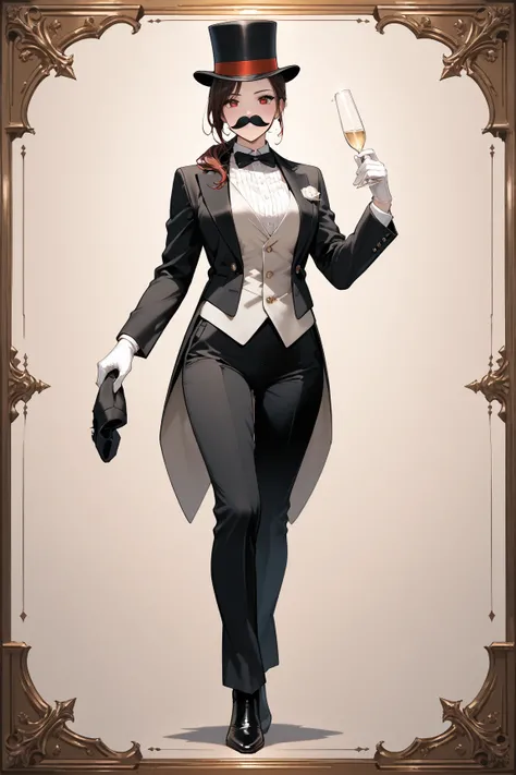 woman dressed as gentleman, fake mustache, top hat, tuxedo, tuxedo pants, bowtie