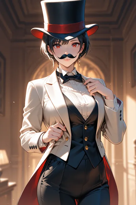 woman dressed as gentleman, fake mustache, top hat, tuxedo, tuxedo pants, bowtie, short hair