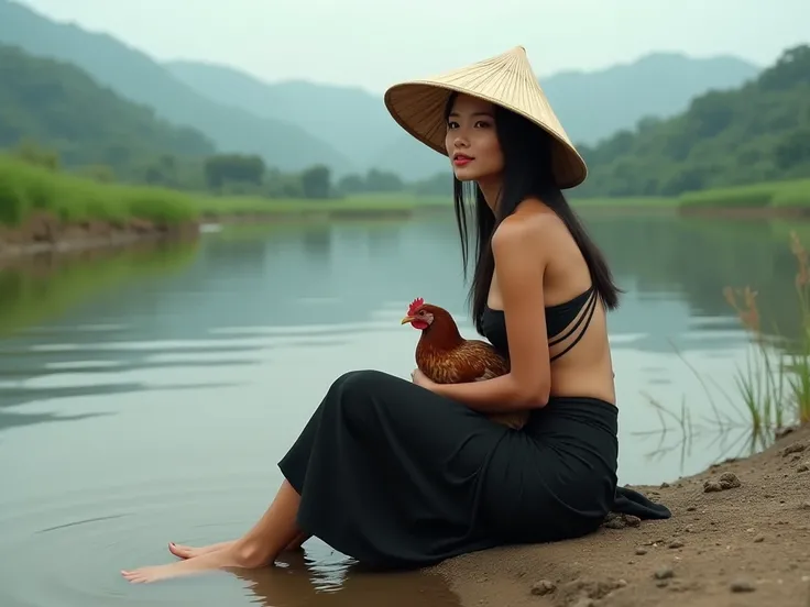 Linh is a dark Vietnamese woman wearing minimal Hmong clothing and a large Nón tơi hat while sitting barefoot on the bank of a pond staring off in the distance,  partial side view, long dark hair, large brown eyes, panned out view showing full body and gro...