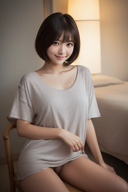  top quality,  focus on face , Soft light, ( depth of coverage) , ultra high resolution, ( Photorealistic:1.4),  RAW Photo , ( moody writing,   night :1.2), bedroom,
(Upper thigh:1.4)
 1 Japanese girl, Alone,  cute,  cute, (shy, smile:1.1), ( brown eyes), ...