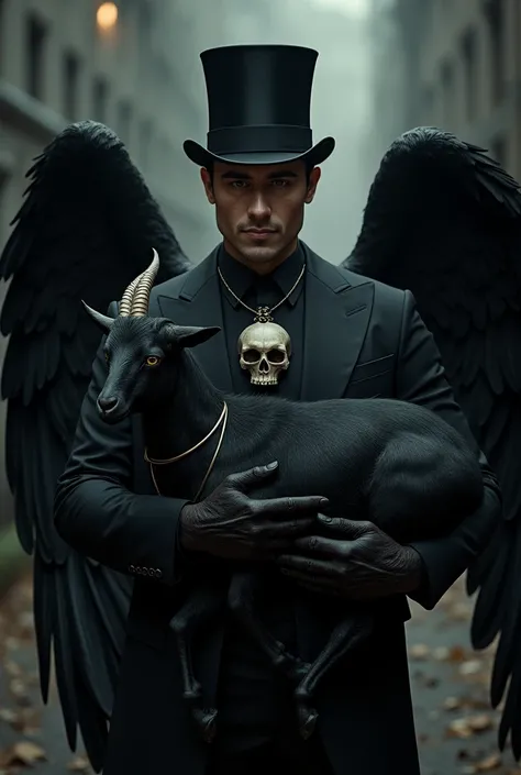  handsome man, with black angel wings, suit and top hat . He's cuddling a black goat. He wears a skull necklace.