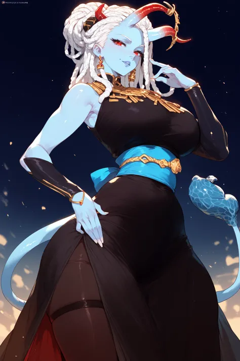 1  mstureWoman, blue skin ,white dreadlock ,horns,red eyes, Black  dress with golden details,blue giant tail,blue sash,anime style,