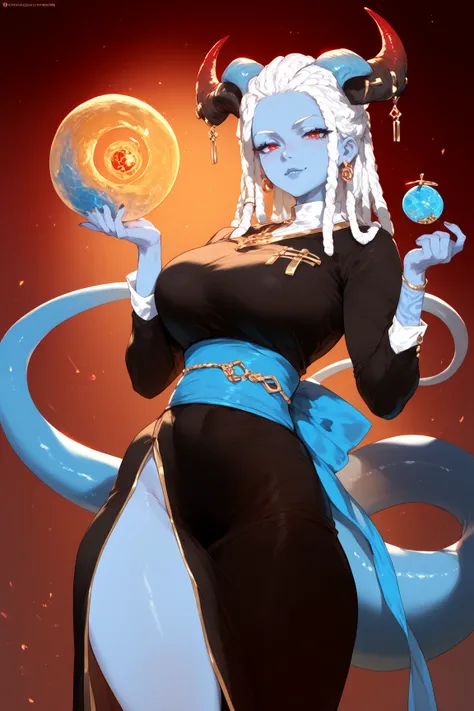 1  mstureWoman, blue skin ,white dreadlock ,horns,red eyes, Black  dress with golden details,blue giant tail,blue sash,anime style,