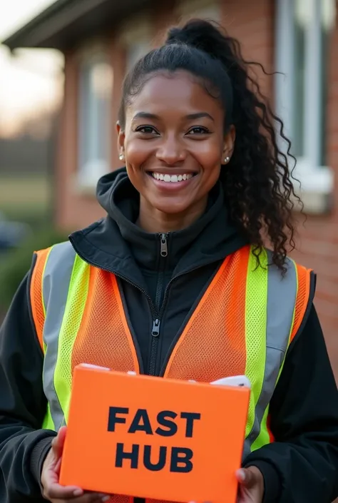 Create realistic photo of young dark skinned mwoman, wearing  mesh reflective vest with a combination of orange, black, green and white colors; with word FAASTHUB branded. Have her handing over FAASTHUB branded and delivering near a house