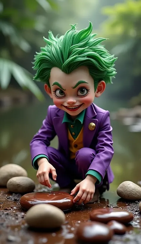 Joker boy putting chocolate on round rocks,  ultra real and professional images