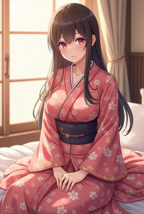 Create an image of a cute beautiful anime wife girl, milf, mommy figure, sexy boobs, stepmom, shy, hot, beautiful face, beautiful kimono dress, mature, make it a big girl, Sleeping dress, mature milf, old