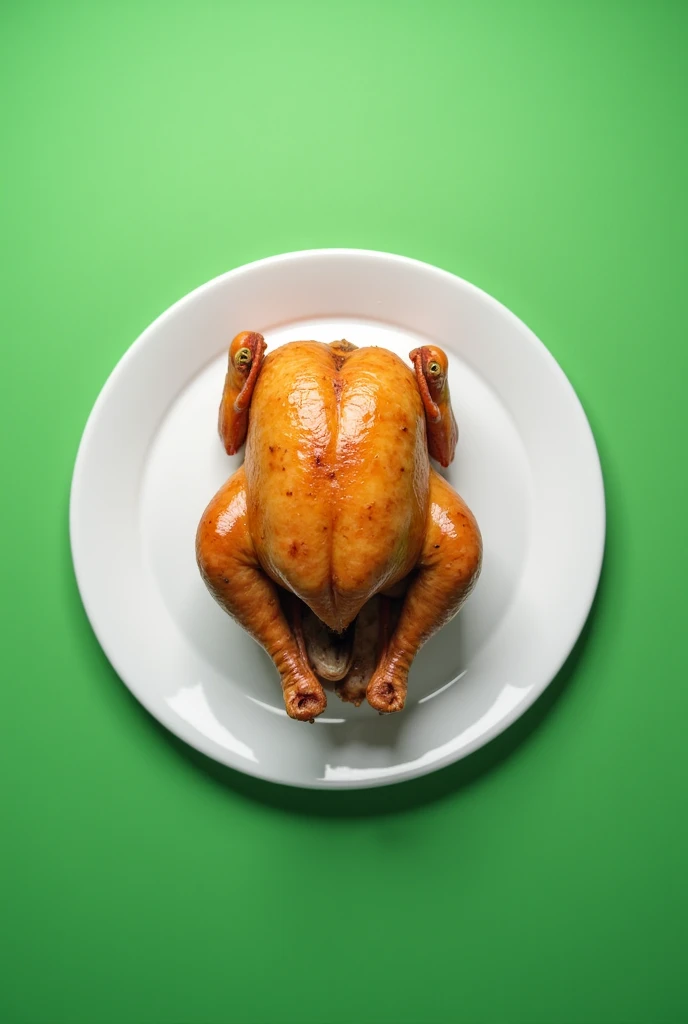 A chicken  in a white circular plate picture from above, green background