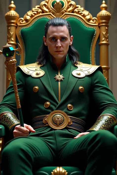 Marvel Loki in Asgard with a golden staff  (dark green magic diamond )
 all muscular detailed close-up of him sitting on the dark green throne with gold details in Asgard 