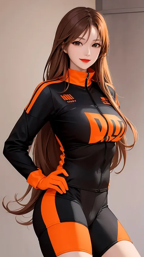 woman is smile, long hair brown, she is solo, from alternative world ,best quality, realistic, cycling full orange black color suit and cycling sports shorts, she is stand , red lipstick 