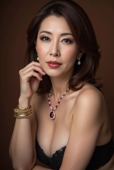 (Mature Woman, 48 years old,  Japanese,  Masterpiece,  top quality,  high resolution, Realistic:1.37,  sharp focus:1.4,  Unmatched Beauty , Ultimate beauty),  close-up, Fine laugh lines:1.2,  flashy and dark makeup, rich Bordeaux lips , Solid Cheek ,  grad...