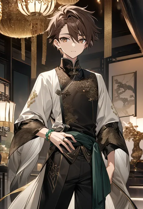 anime young male with spiky brown hair and large, expressive brown eyes. He wears a tailored modern Tang-style jacket with a high Mandarin collar, fastened with traditional knotted buttons or concealed hooks, made from luxurious silk or brocade with subtle...