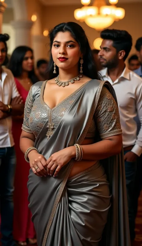 Op view,Full body image, indian hourglass body, Indian plus sized 29 year old Telugu bride syamala, lovely face, mouth slightly open, large swooping breasts, wearing highly embroideried gray colour silk deep neck blouse and gray colour low waist silk body ...