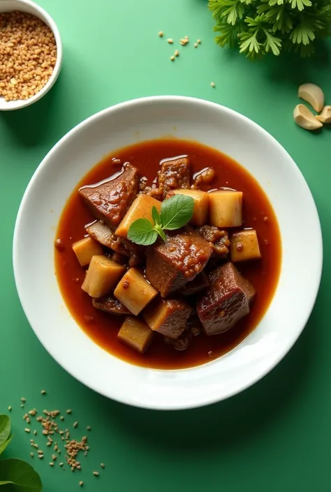 A adobo in a white circular plate picture from above, green background