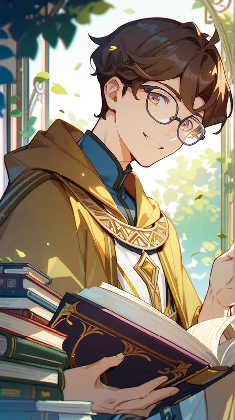 Young man, short, wavy brown hair, bangs, big glasses, archivist, books, scrolls, ceremonial white and gold robe with hood, smile