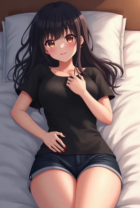  dark-haired girls with bangs 、 very small black shirt and slightly shorter shorts .  Wearing、It's a very realistic sexy posture。Clear shirts are visible 、 details of the body are clearly visible 、 lying in bed、One hand on her chest 、I'm putting my other h...