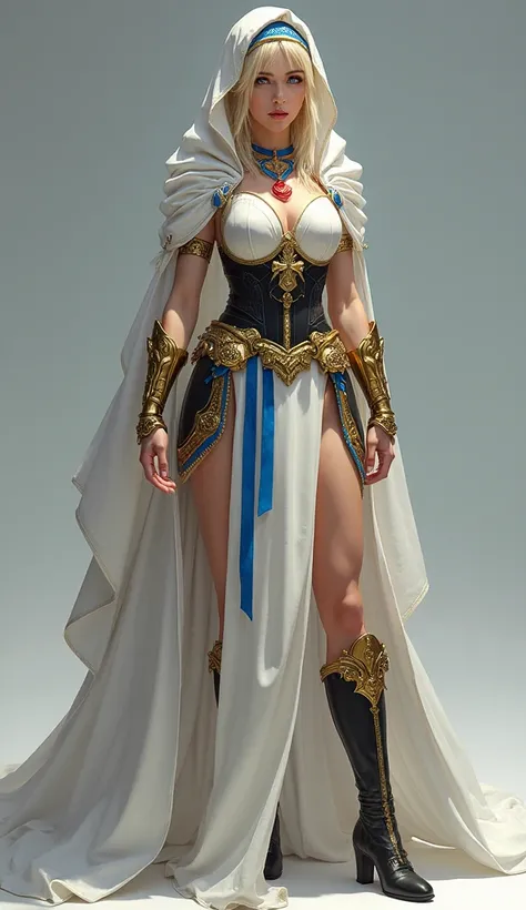  Female character with blonde hair ,  sky blue eyes ,  embodies the image of a warrior priestess ,  someone with a crucial role in a religious order .  His presence is impressive ,  conveying a mixture of purity , authority and sensuality .

 The attire sh...