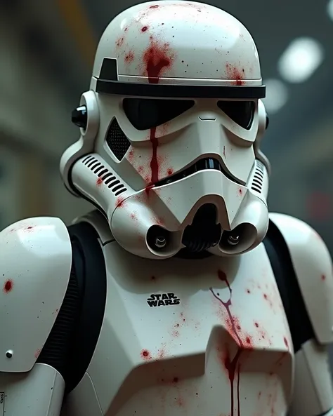  blood is flowing from the broken helmet {x} stormtrooper who was shot and knocked down， is wearing armor ，Armor with holes ， broken helmet ， broken helmet から血が流れている， in a spaceship， armor is broken and cracked , is an American woman in the ２０ generation 