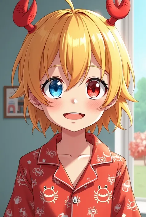 A boy with blond hair, a Blue Eye and a Red Eye,Plus crab pajamas,2D anime