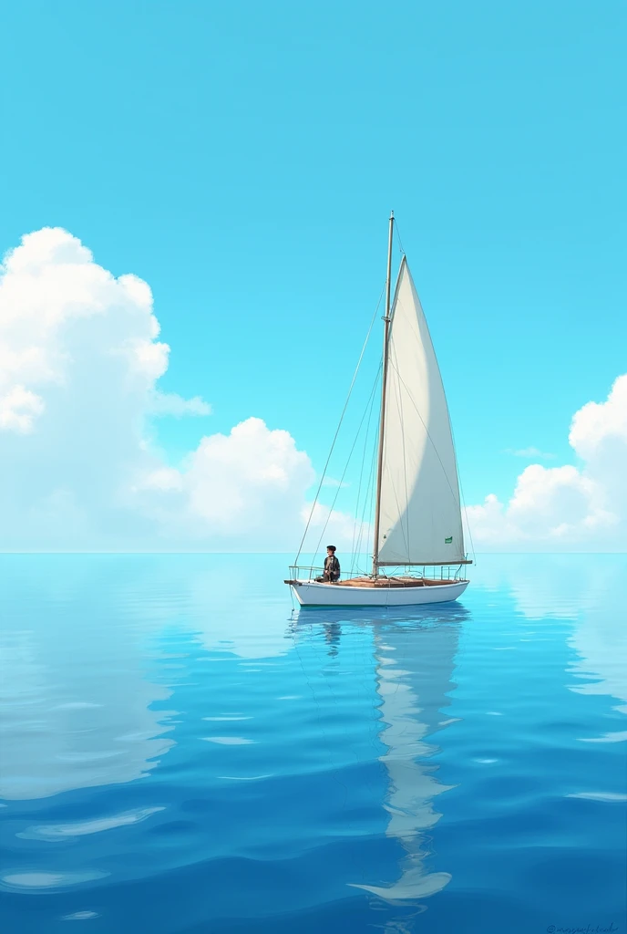 A blue sea with a man in a sailboat