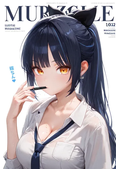 suits, necktie, cleavage,   magazine cover, white background, pose, masterpiece, best quality, amazing quality, detailed background, intricate details,Yellow eyes, dark blue hair, sidelocks, blue streaked hair, long hair, high ponytail, hair bow, black bow...