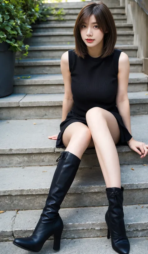  high resolution,  Masterpiece,  top quality,  high detail, top quality,  super high heels,  textured skin, Big Breasts、 tight knit、 miniskirt、 Thin Black Stockings、 short boots、 sitting on the steps、
 beautiful feet