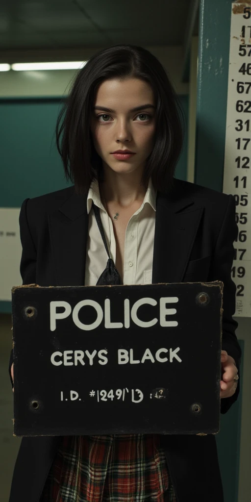 A **16-year-old British girl** with a **punk attitude**, standing in a **police station for a mugshot**. She has **medium-length black hair** styled in a **casual, unkempt** manner, with **striking green eyes** that gleam with mischief and defiance. Her **...