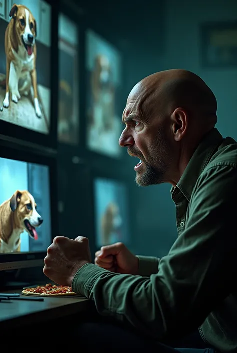 An angry bald man is watching a dog eating pizza on security cameras 