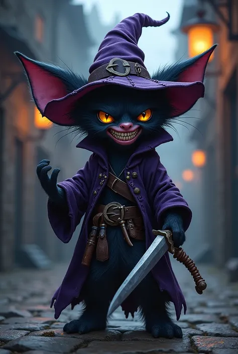 A small, agile Yordle with sleek black fur, standing in a shadowy alley, exuding a chaotic and unhinged energy. His face is twisted into a manic grin, sharp teeth exposed, and his wide, glowing yellow eyes radiate a crazed intensity, like a predator toying...