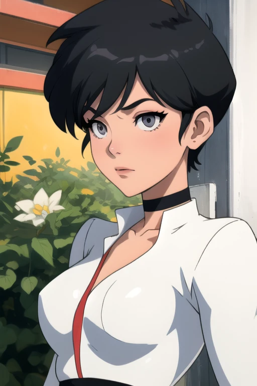 Ranma-chan. very short hair. choker. Grey eyes. black hair. All white bodysuit, a photo of a face in the vicinity. 
