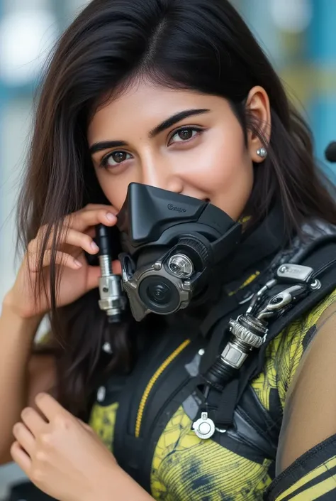 ultra-realistic, photorealistic, 20 years old malayali famous idol girl, very beautiful malayali woman but commercial diver, She works in undersea steel construction, masterpiece, (face focus:1.3), beautiful eyes, (wearing commercial diving suits with scub...