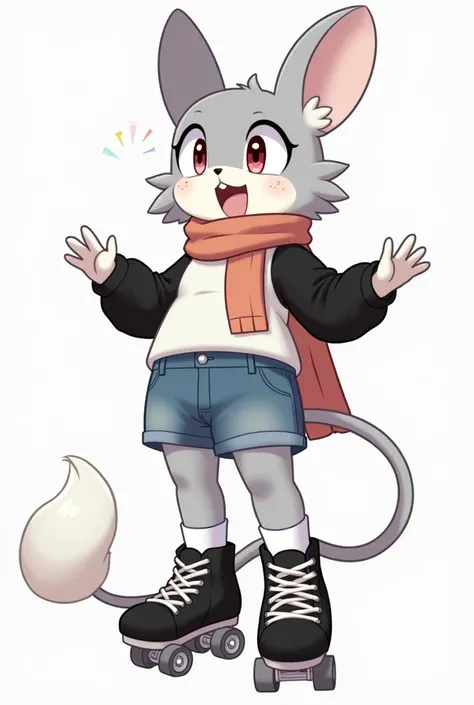 name:  Hannie
Feminine
Race :  Chinchilla
Texture :  Chubby

Clothes : white top with black sleeves ,  a long scarf ,  denim shorts, calcetín derecho más largo que el left.
 Shoes:  4-wheel skates

Personality : excited, friendly, relaxed.

 Heterochromic ...