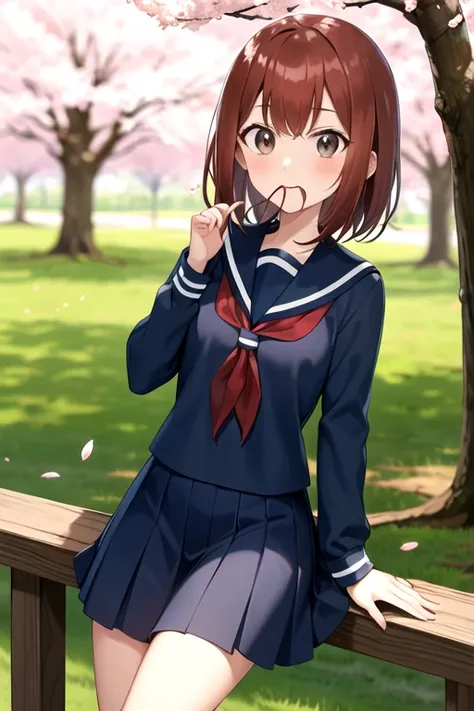 What is,  1 woman, Alone, Red Hair,  split bangs, amount,  brown eyes, , Surprised,  mouth, uniform,  sailor color,   red neckerchief,  blue skirt,  and stare at the viewer,  Long Sleeve, sunlight, Outdoors, tree, cherry blossoms,  petals