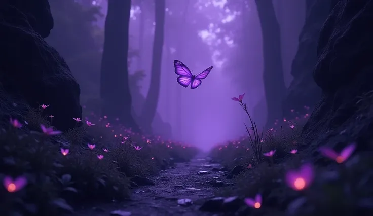 A dark narrow path in the lightless purple rift valley，A little butterfly with a little purple glow，There are also small flowers with a purple glow