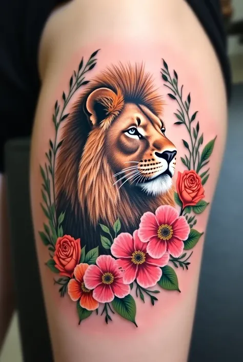 

" A delicate and powerful female tattoo ,  with the word 'Resilience' in an elegant and fluid font ,  accompanied by a majestic lion ,  symbolizing strength and courage .  The lion must have a serene look , but determined,  with subtle details to convey ...