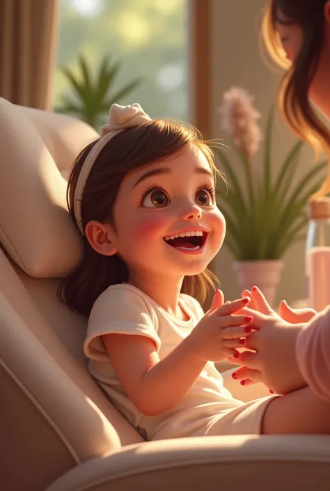 A young girl laughing while getting a pedicure