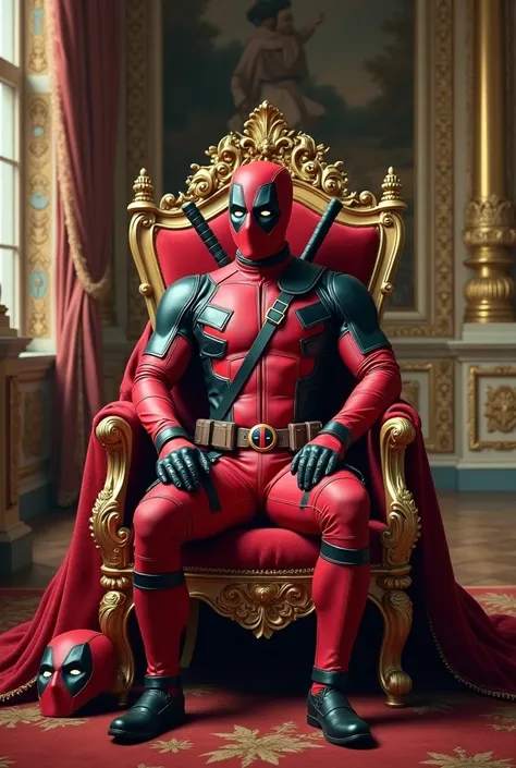 Empreur napoleon bonapart déguisé en deadpool sur le trone dans le château de versaille 