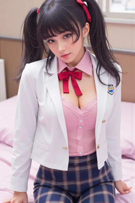 ( Girl lying in bed)，Charming eyes，Heartwarming action，Turn your face away from the camera，stooped，Bend over，turn back，Look up at your head，thick and long black hair，Highly detailed body，Highly detailed face，best qualtiy、(P boobs iNK underwear),(High Schoo...