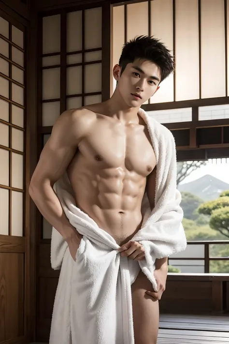 20-Year-Old Chinese Man Magnifying Light Detail ,  Cute,  Cute, handsome, Body Pierced Wearing a White Towel,   not wearing a shirt  ,  Undress,  backdrop is a Japanese house. Beautiful scenery