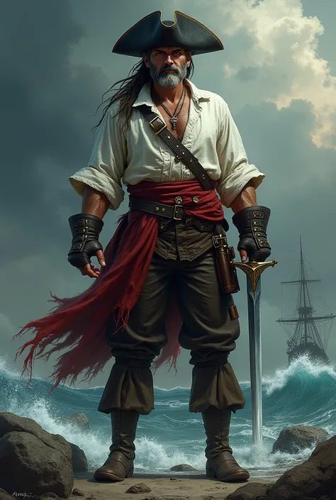 A Spanish pirate with two pistols around his waist and holding a sword