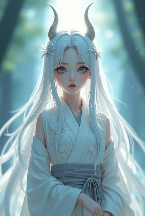 image generate me a female ROBLOX CHARACTER, with horns, and long white hair like Kaguya Otsutsuki, wearing a white kimono.