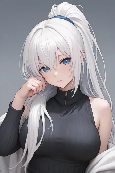  Ponytail, white hair, blue eyes