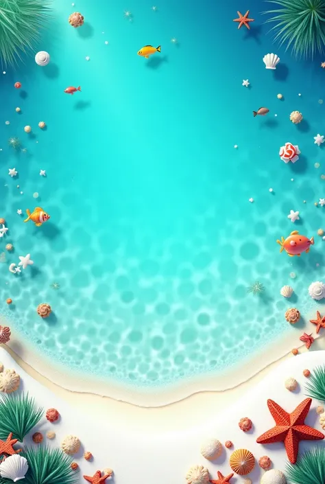 wallpaper 'crystal water sea with white sand' lots of cute shell and cute fish and cute starfish' 'top shot' '4k high definition