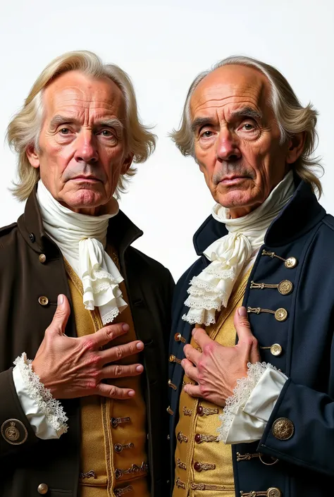 Close up quality photograph of a pair of elderly blond men dressed in classic 18th century style, with their hands on their chest indicating ownership of something.
White background.