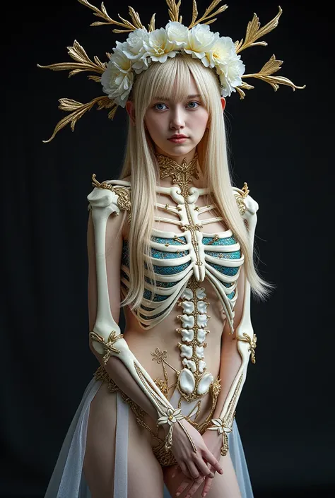 Image of flowers of hope, (skeleton like:1.3), ((female ornated princess)), (with long, flowing blonde hair), (beautiful bright blue eyes), Huge breasts, cleavage, (erect nipples), slender body, abs, curvy body, bare buttocks, trends on Art Station, flower...