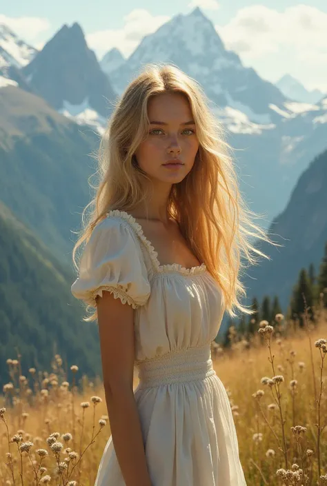 
Blonde woman with hair blowing, mountains in background, milkmaid sundress
